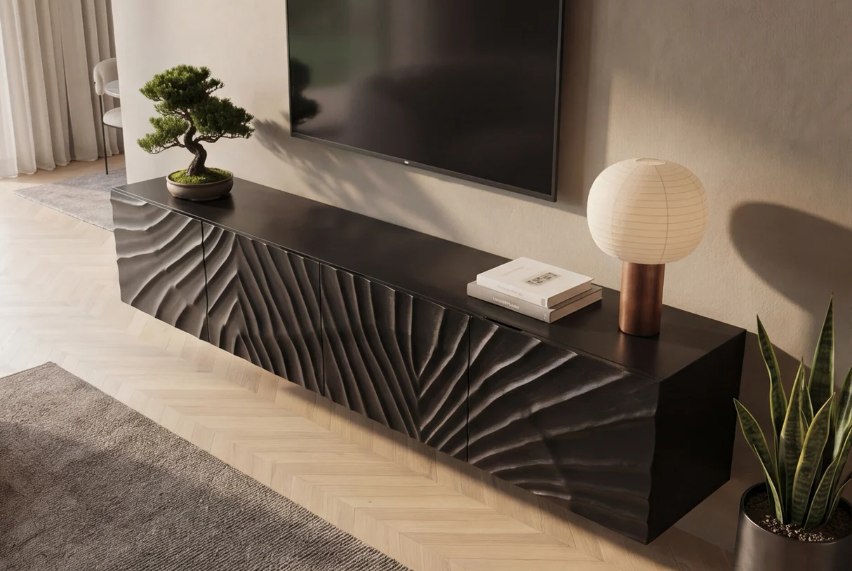 TV stolek SCORPION 200 cm 3D závěsné z mangového dřeva černé provedení