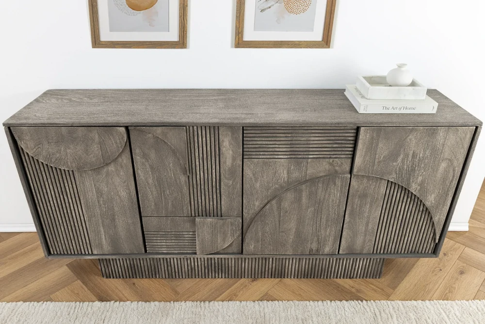 Komoda ART DECO 170 cm 3D z mangového dřeva kouřové šedé provedení vzhled