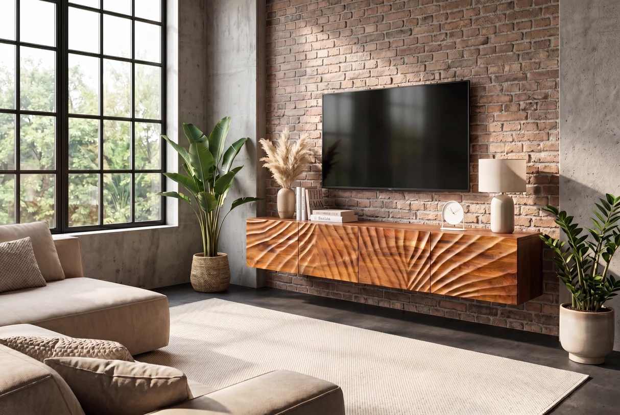 TV stolek SCORPION 200 cm 3D závěsné nízká komoda z mangového dřeva hnědé provedení