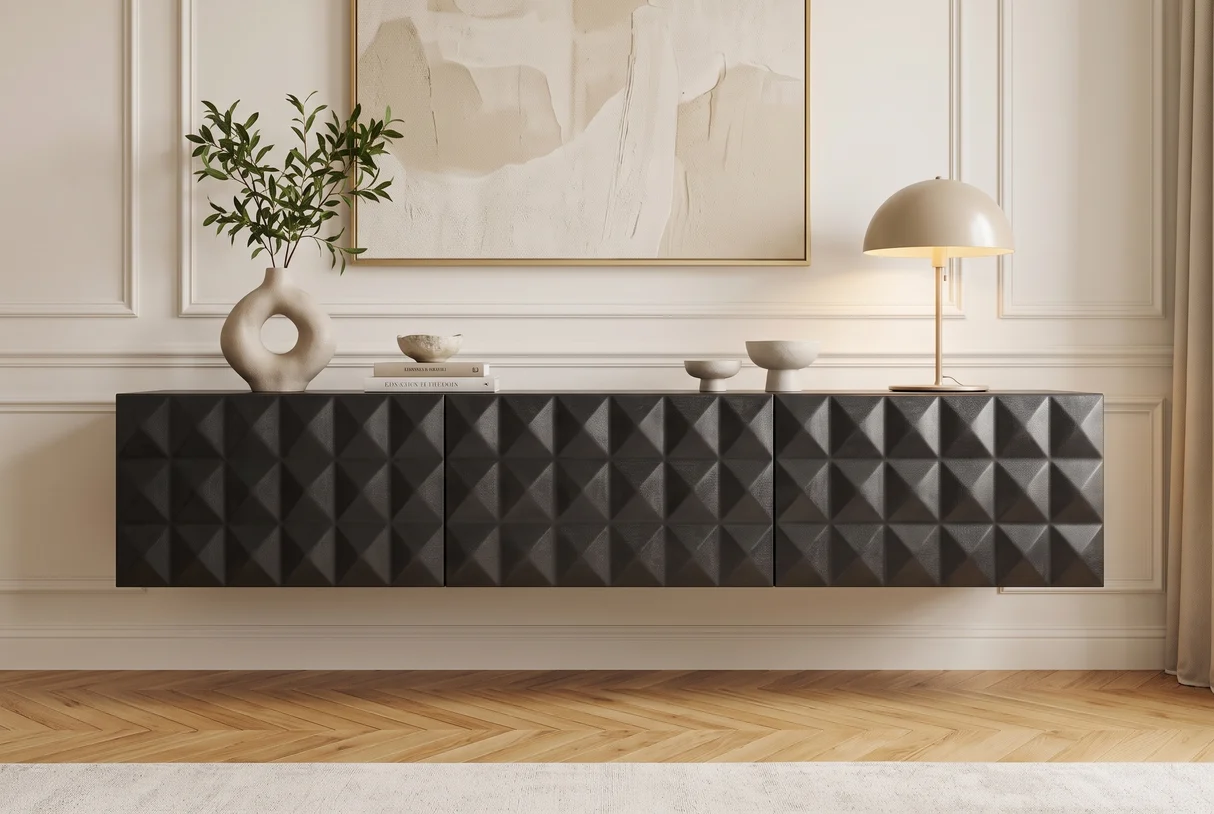 TV stolek VULCANO 160 cm 3D závěsné s cable hole z mangového dřeva černé provedení