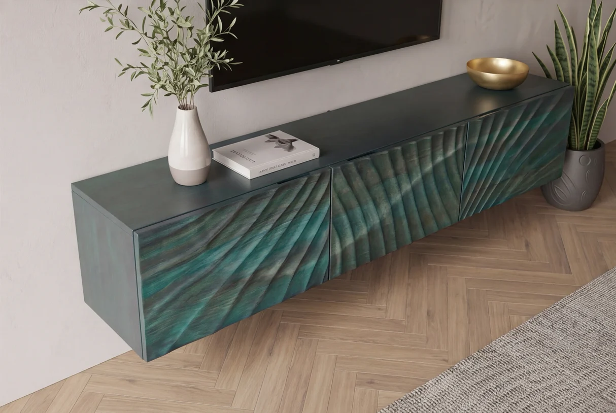 TV stolek SCORPION 160 cm 3D závěsné z mangového dřeva tyrkysové