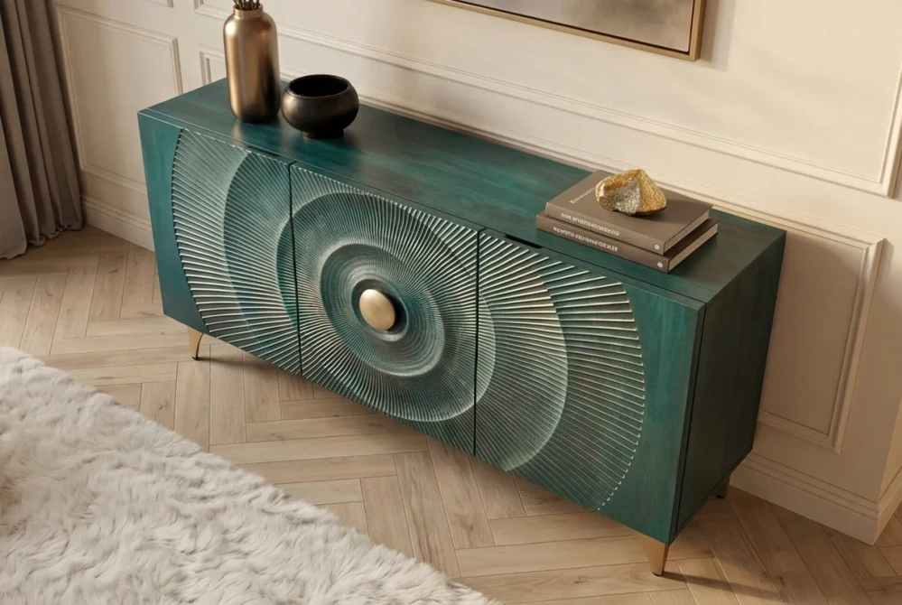 Komoda zlaté SUNSET 140 cm 3D z mangového dřeva tyrkysové