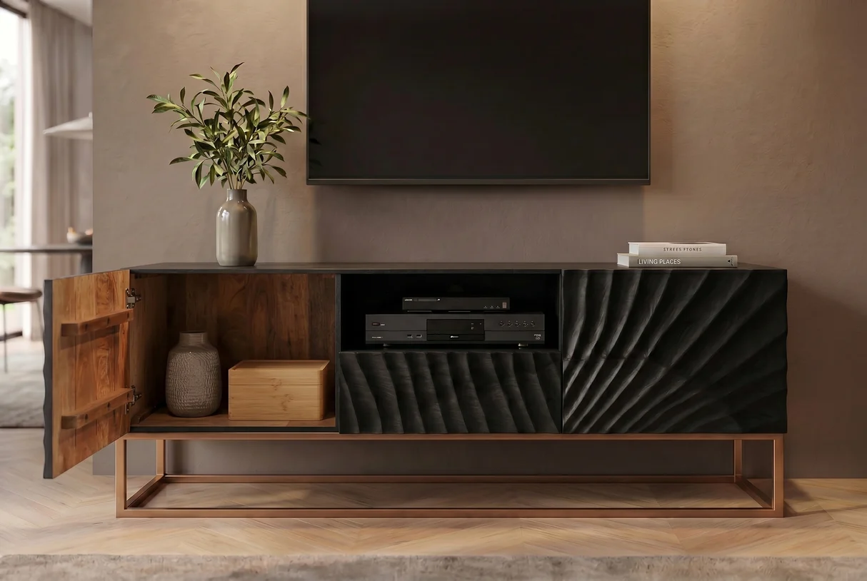 Nízký TV stolek SCORPION 160 cm 3D z mangového dřeva černé provedení