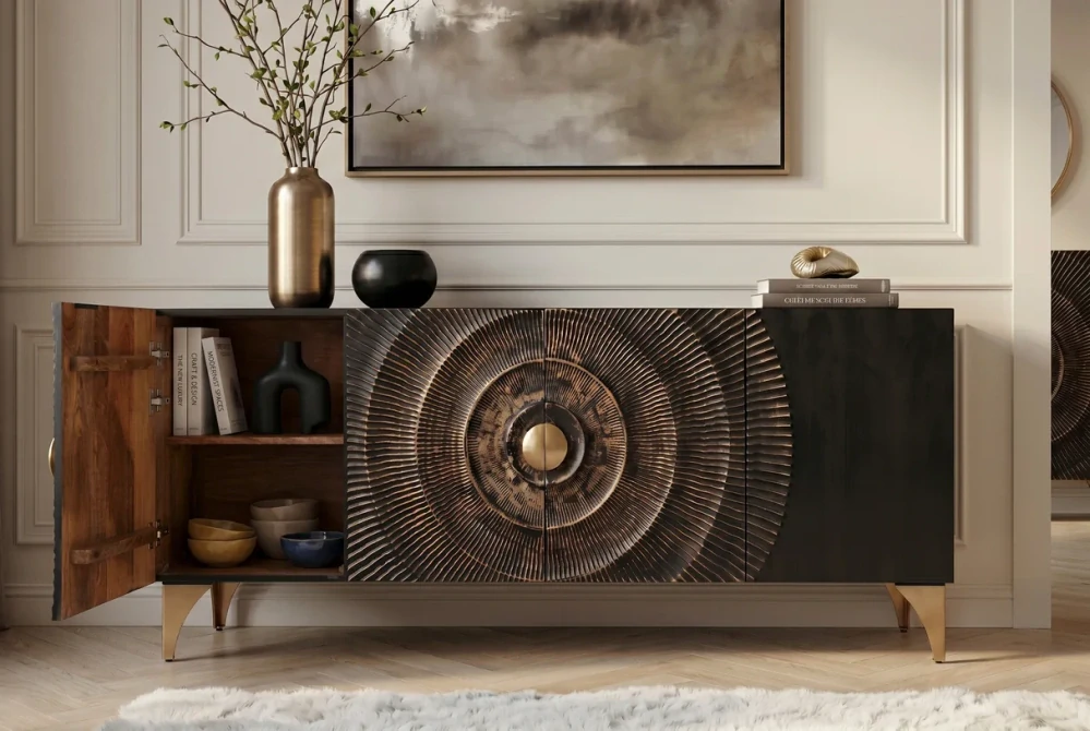 Komoda zlaté SUNSET 180 cm 3D mangové dřevo černé provedení