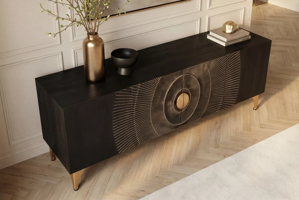 TV stolek zlaté SUNSET 180 cm 3D z mangového dřeva černé provedení