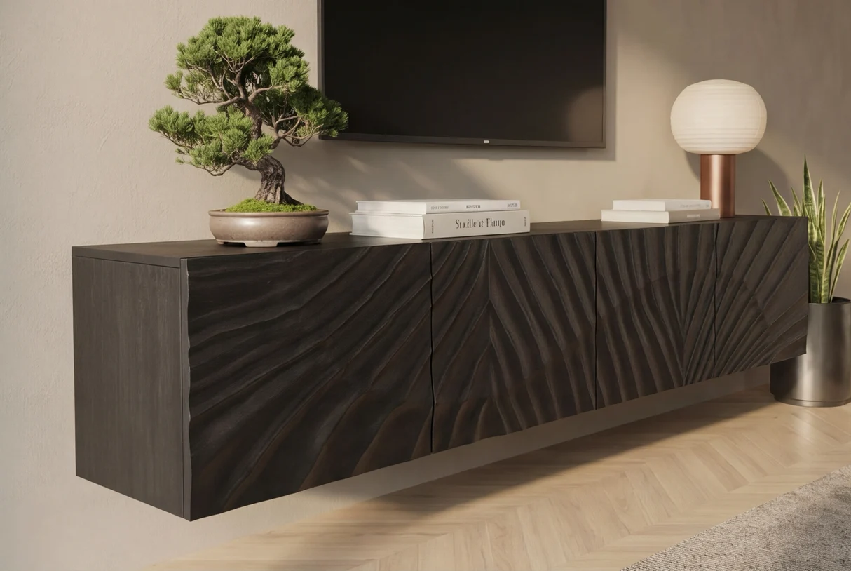 TV stolek SCORPION 200 cm 3D závěsné z mangového dřeva černé provedení