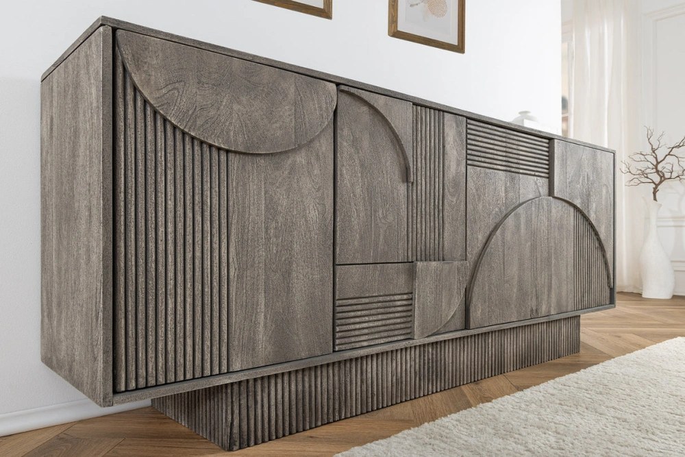 Komoda ART DECO 170 cm 3D z mangového dřeva kouřové šedé provedení vzhled