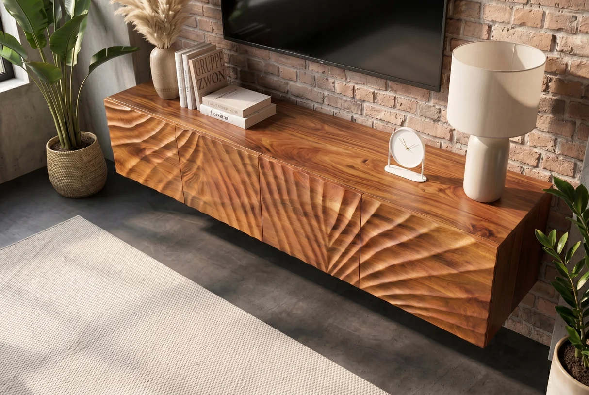 TV stolek SCORPION 200 cm 3D závěsné nízká komoda z mangového dřeva hnědé provedení