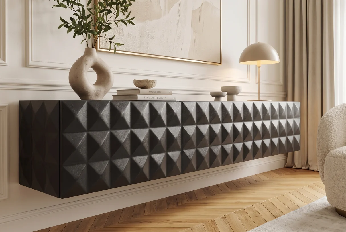 TV stolek VULCANO 160 cm 3D závěsné s cable hole z mangového dřeva černé provedení