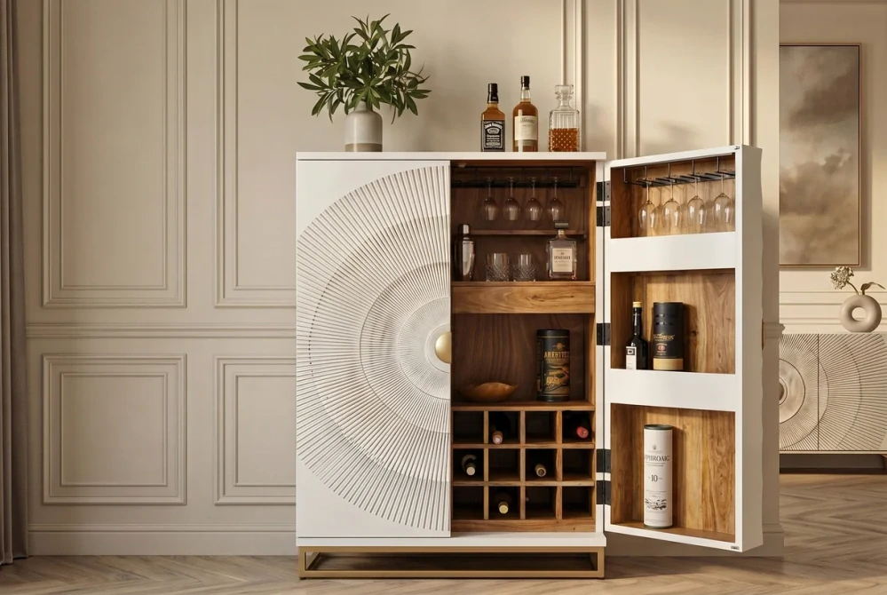 Bar skříňka zlaté SUNSET 140 cm 3D z mangového dřeva bílé provedení