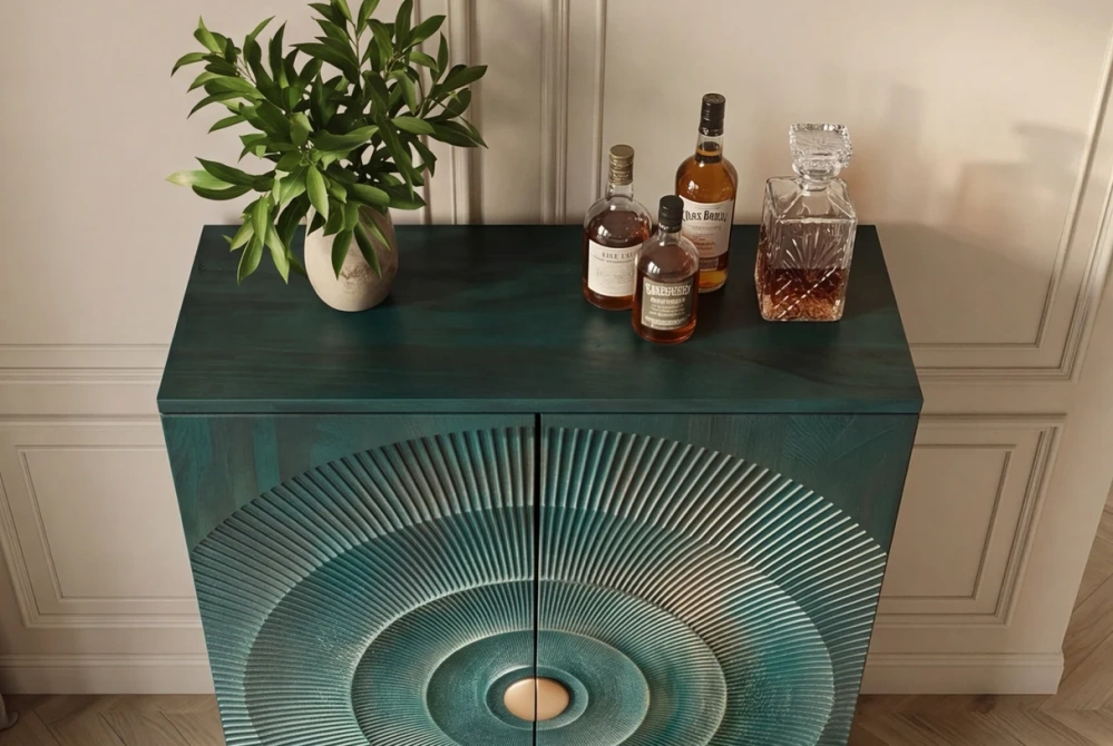 Bar skříňka zlaté SUNSET 140 cm 3D z mangového dřeva tyrkysové