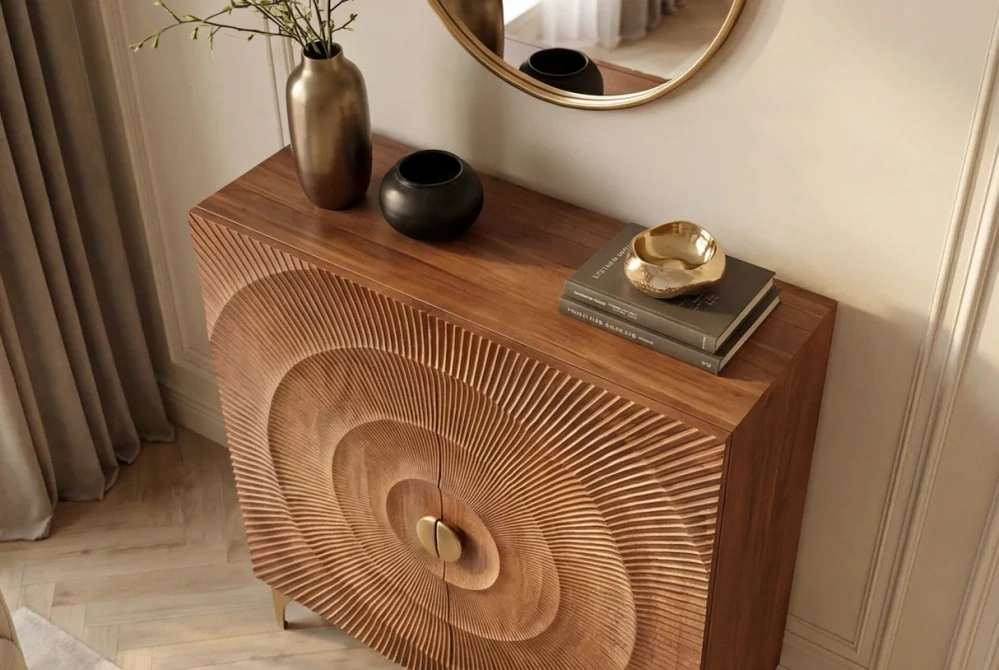 Vysoká komoda zlaté SUNSET 120 cm 3D z mangového dřeva hnědé provedení