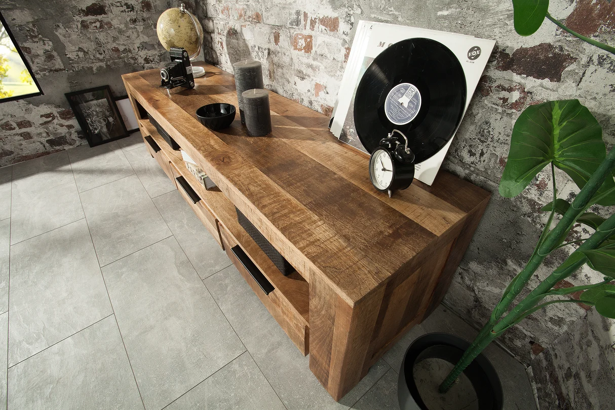 TV stolek IRON CRAFT 170 cm z mangového dřeva přírodní provedení industriální styl