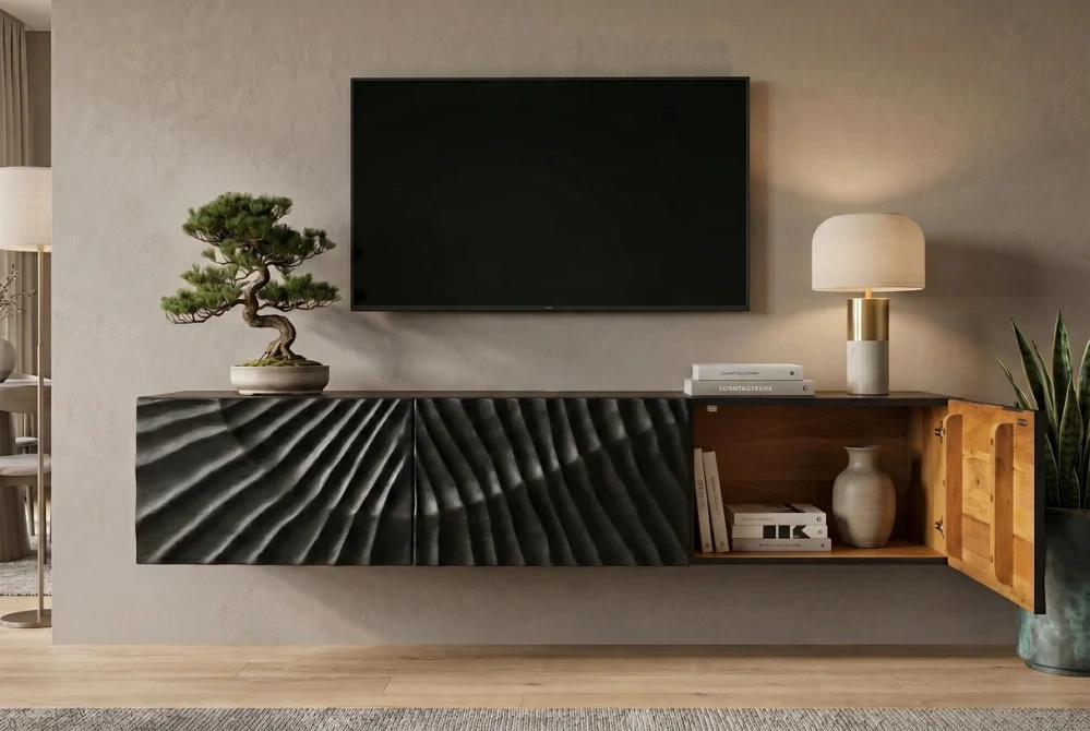 TV stolek SCORPION 160 cm 3D závěsné z mangového dřeva černé provedení