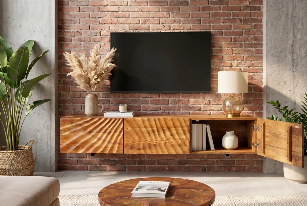 TV stolek SCORPION 160 cm 3D závěsné nízká komoda z mangového dřeva hnědé provedení