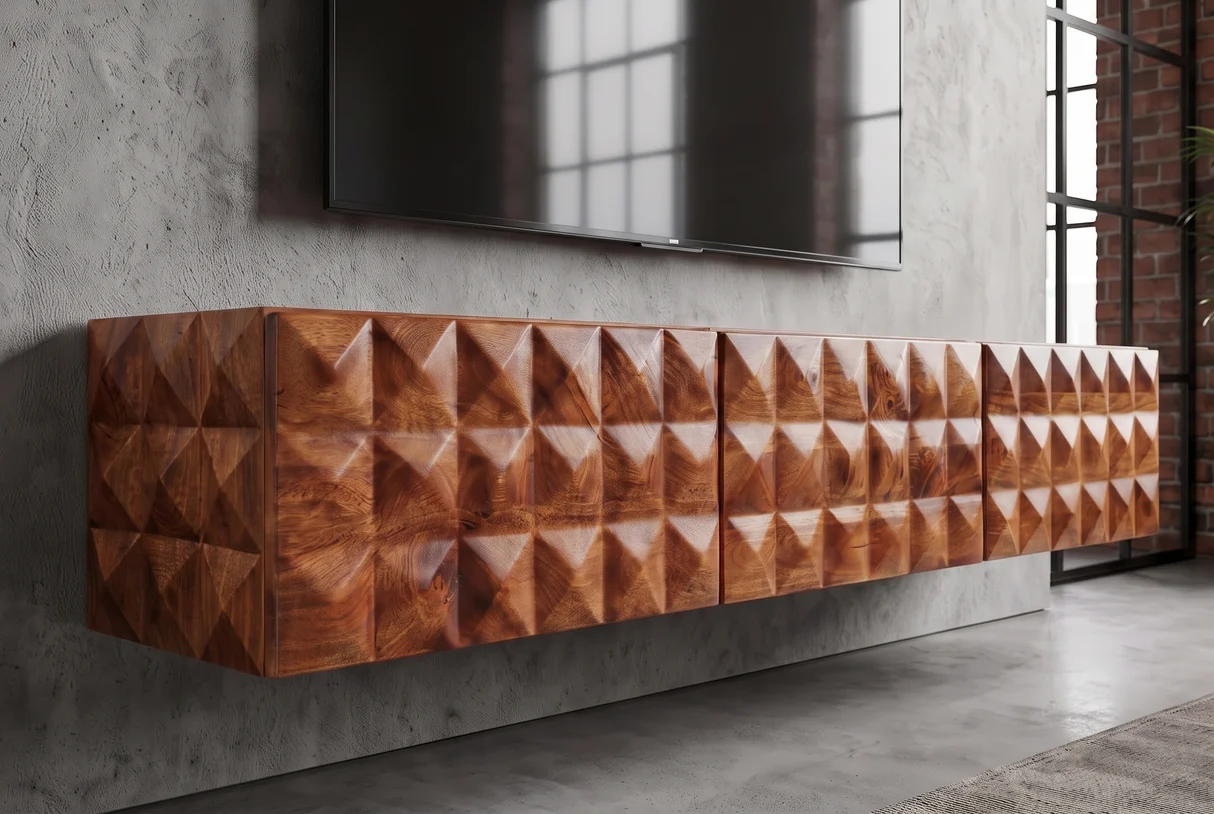 TV stolek VULCANO 160 cm 3D závěsné s cable hole z mangového dřeva přírodní provedení