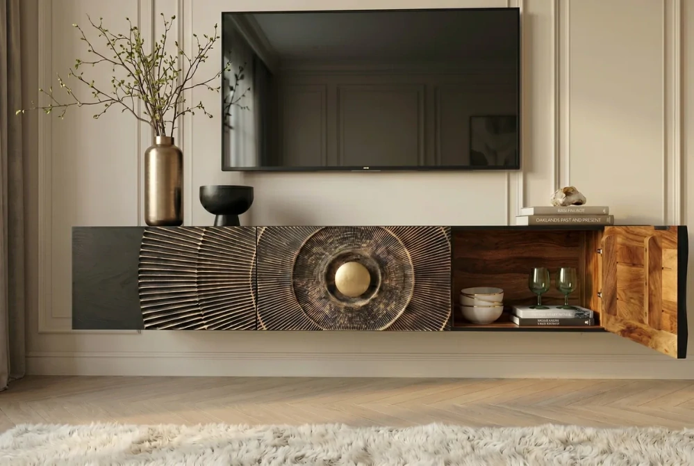 TV stolek zlaté SUNSET 160 cm 3D závěsné z mangového dřeva černé provedení