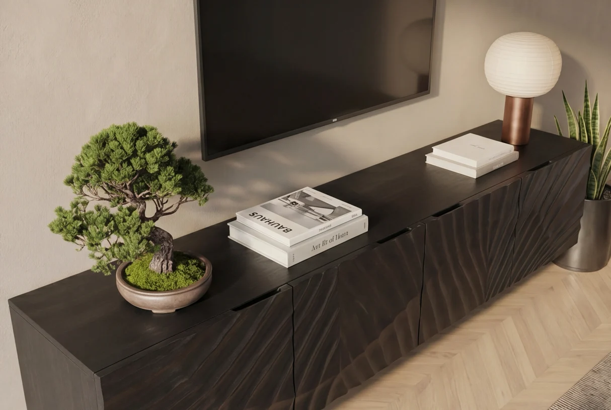 TV stolek SCORPION 200 cm 3D závěsné z mangového dřeva černé provedení