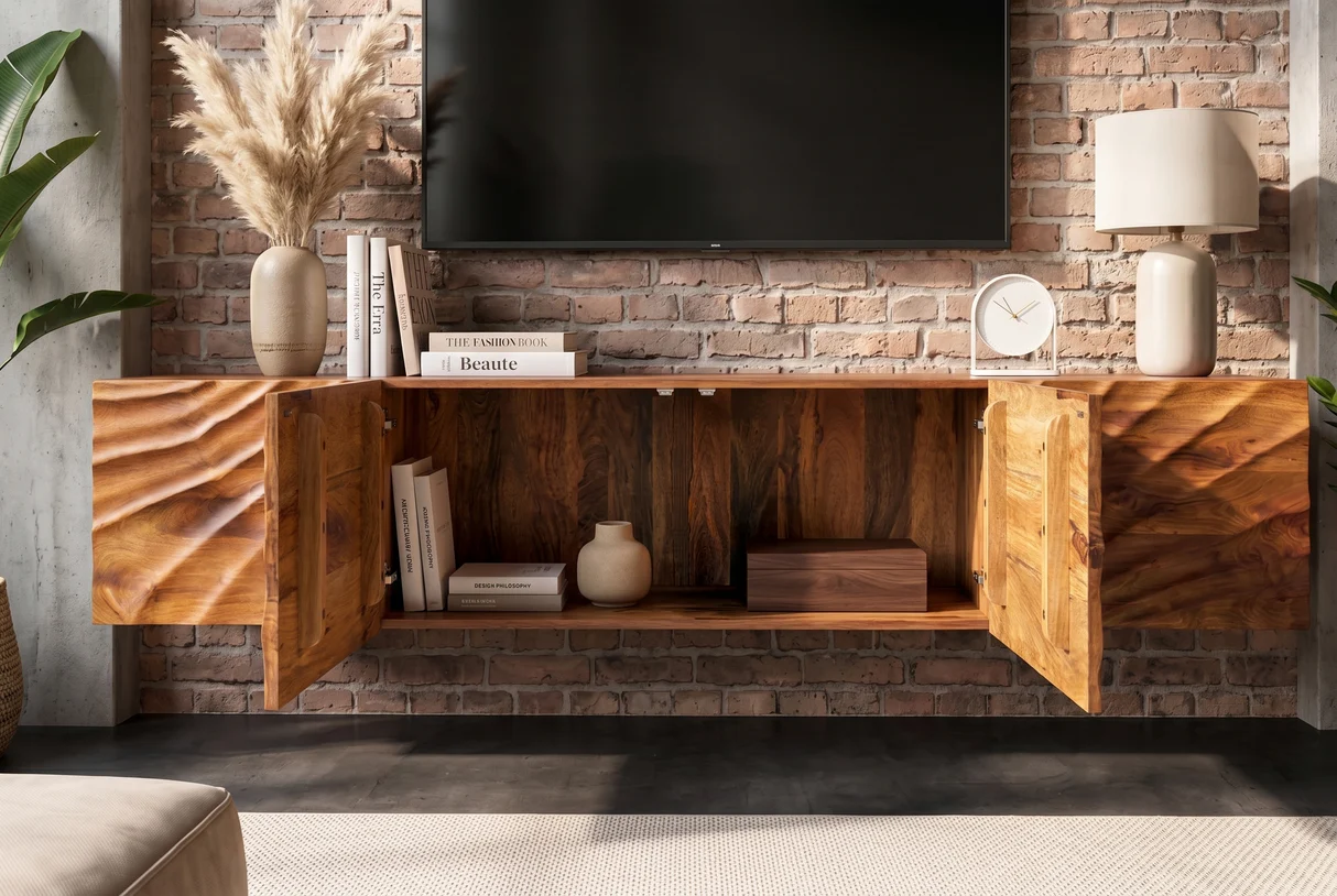 TV stolek SCORPION 200 cm 3D závěsné nízká komoda z mangového dřeva hnědé provedení