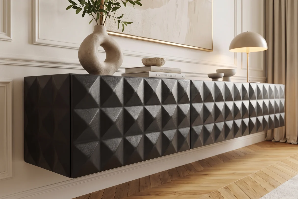 TV stolek VULCANO 160 cm 3D závěsné s cable hole z mangového dřeva černé provedení