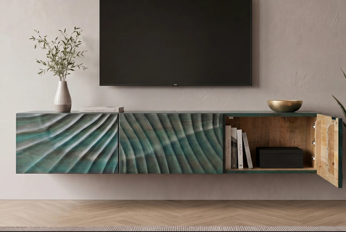 TV stolek SCORPION 160 cm 3D závěsné z mangového dřeva tyrkysové