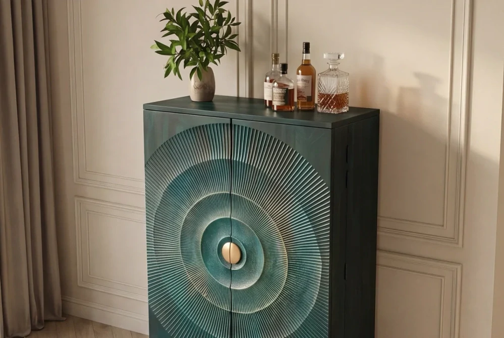 Bar skříňka zlaté SUNSET 140 cm 3D z mangového dřeva tyrkysové