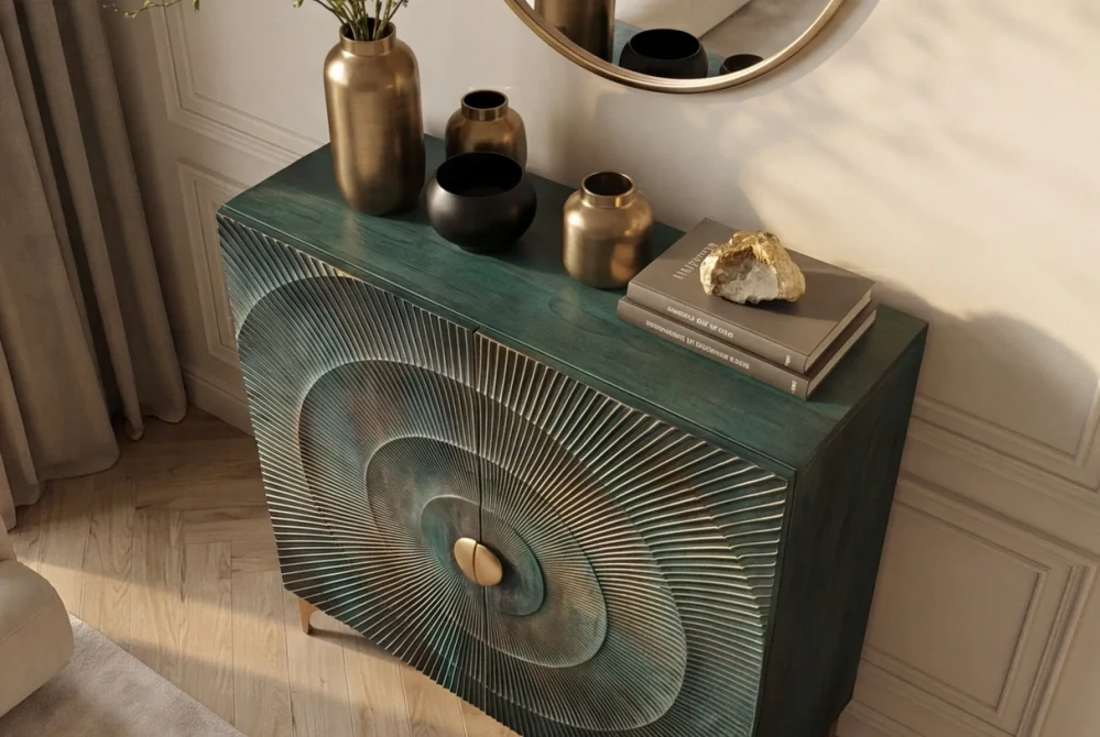 Vysoká komoda zlaté SUNSET 120 cm 3D z mangového dřeva tyrkysové