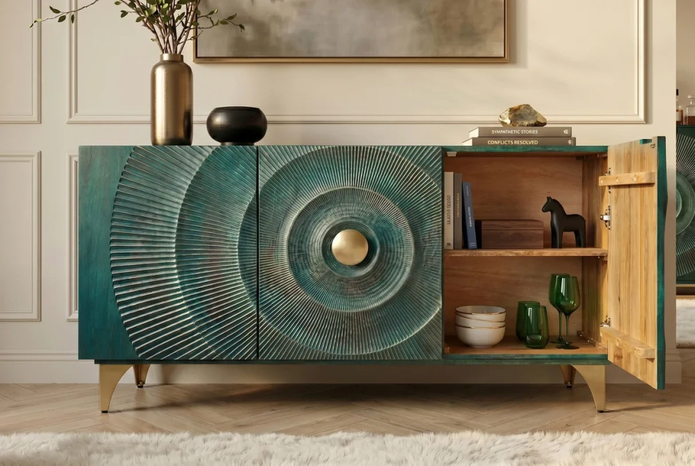 Komoda zlaté SUNSET 140 cm 3D z mangového dřeva tyrkysové