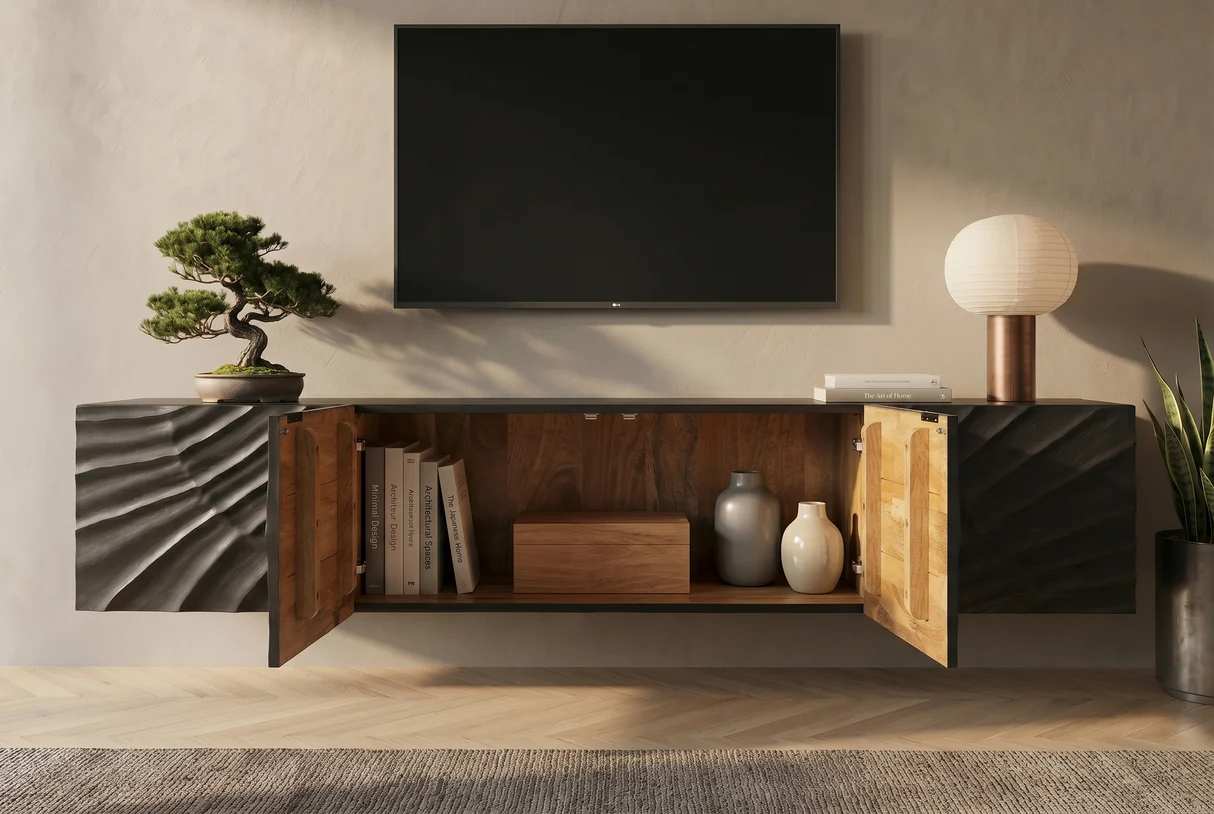 TV stolek SCORPION 200 cm 3D závěsné z mangového dřeva černé provedení