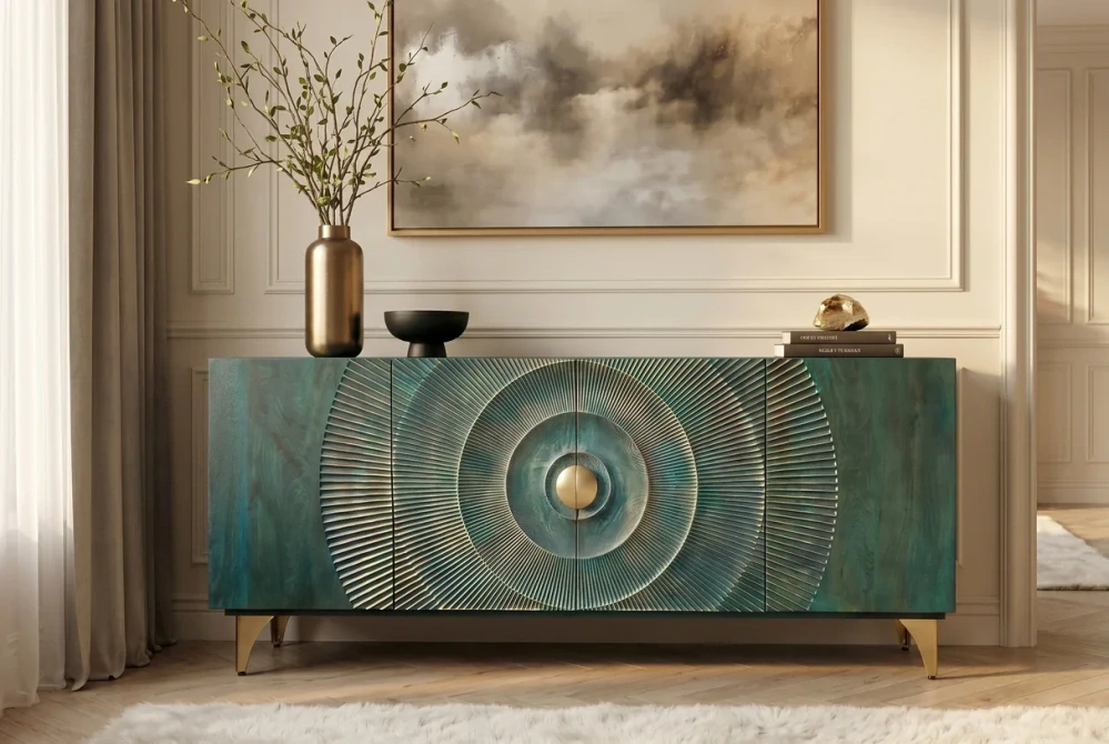Komoda zlaté SUNSET 180 cm 3D z mangového dřeva tyrkysové