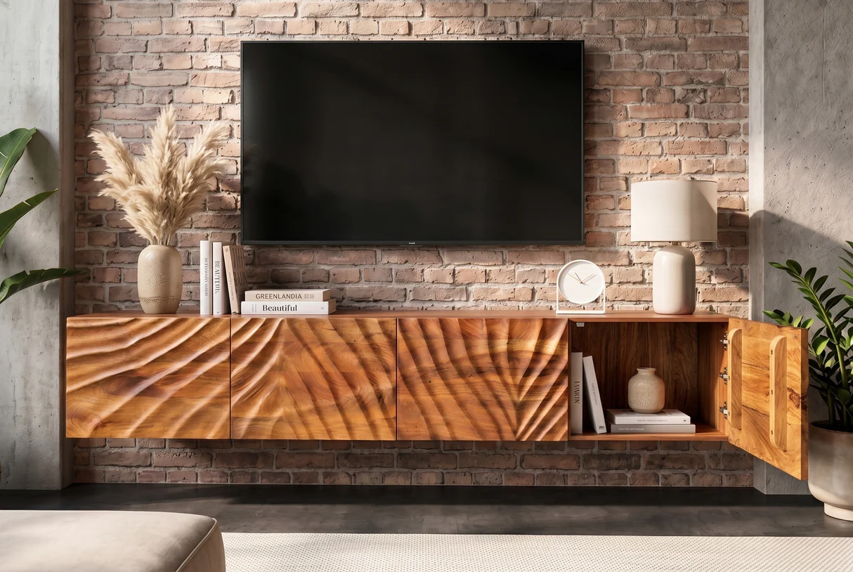 TV stolek SCORPION 200 cm 3D závěsné nízká komoda z mangového dřeva hnědé provedení