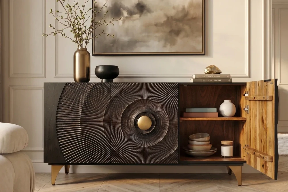 Komoda zlaté SUNSET 140 cm 3D z mangového dřeva černé provedení
