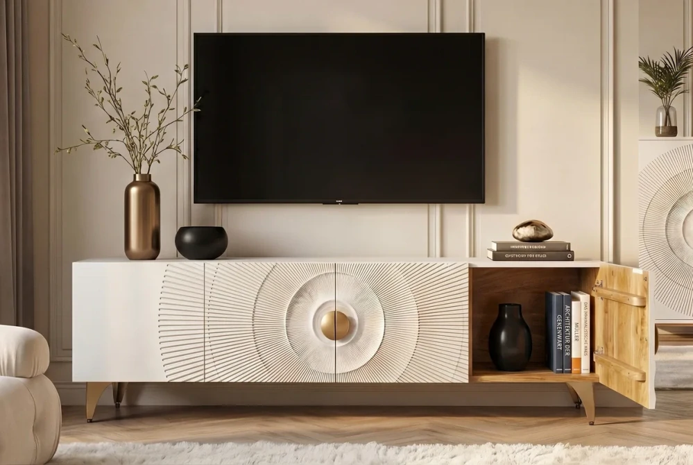 TV stolek zlaté SUNSET 180 cm 3D z mangového dřeva bílé provedení
