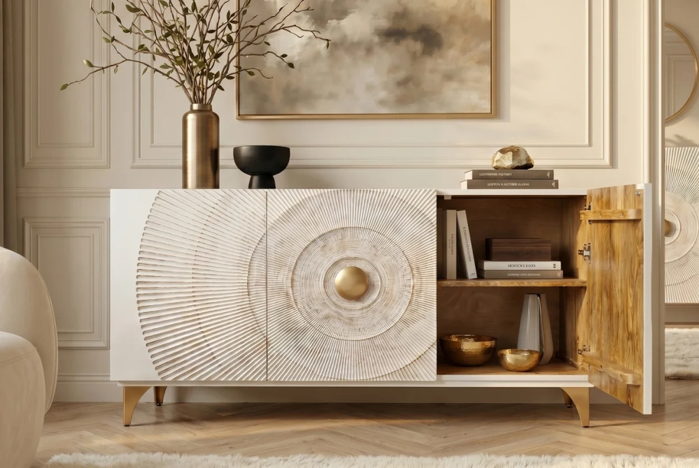 Komoda zlaté SUNSET 140 cm 3D z mangového dřeva bílé provedení