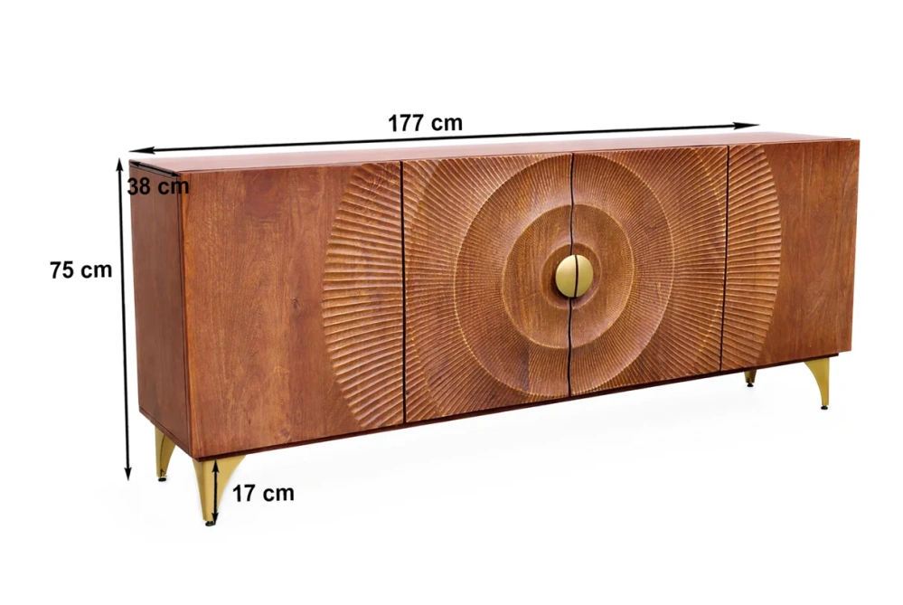 Komoda zlaté SUNSET 180 cm 3D z mangového dřeva hnědé provedení