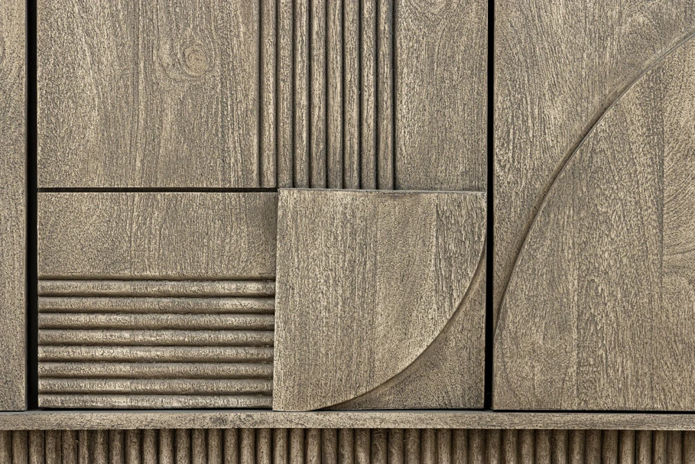 Komoda ART DECO 170 cm 3D z mangového dřeva kouřové šedé provedení vzhled