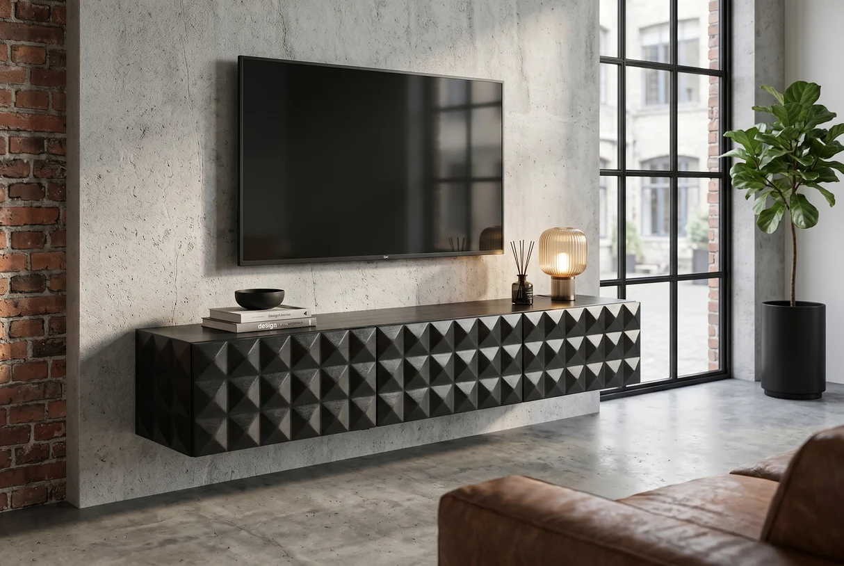 TV stolek VULCANO 160 cm 3D závěsné s cable hole z mangového dřeva černé provedení