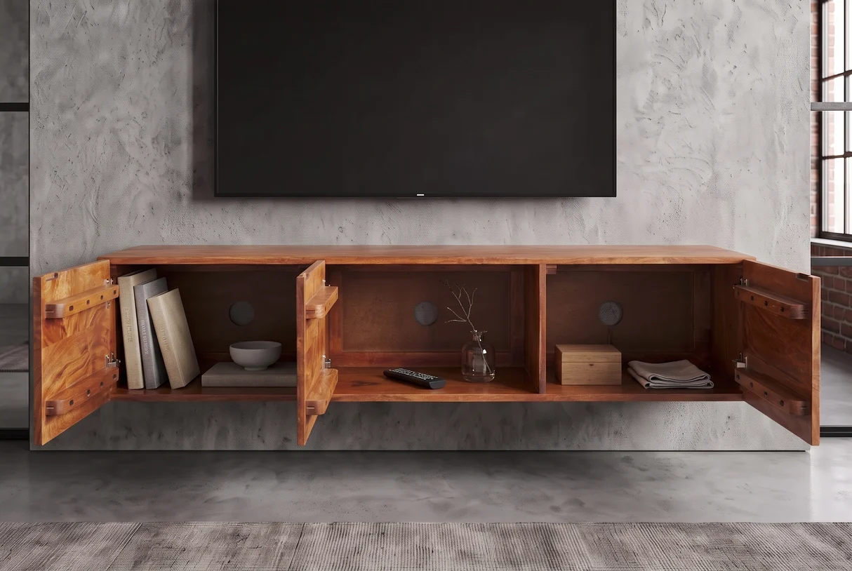 TV stolek VULCANO 160 cm 3D závěsné s cable hole z mangového dřeva přírodní provedení