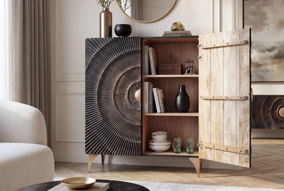 Vysoká komoda zlaté SUNSET 120 cm 3D z mangového dřeva černo-zlaté provedení