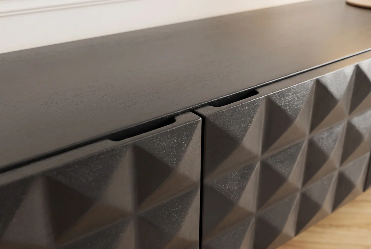 TV stolek VULCANO 160 cm 3D závěsné s cable hole z mangového dřeva černé provedení