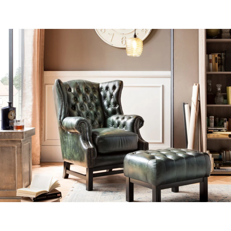 Taburet Chesterfield III pravá kůže zelený