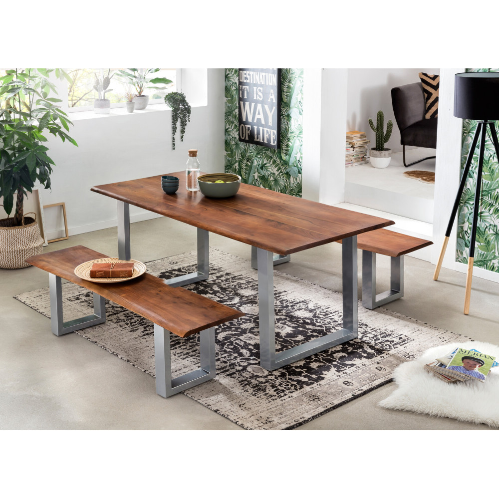 Jídelní set masiv 200x100 cm stůl + 2 lavice šedé kovové nohy Andrea