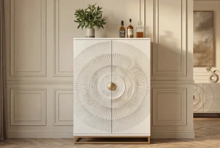 Bar skříňka zlaté SUNSET 140 cm 3D z mangového dřeva bílé provedení